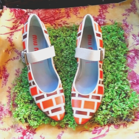 MIU MIU Y2k Orange Brown Basketweave Italy Leather Mary Janes Shoes 39 8.5 NWT - Picture 3 of 16